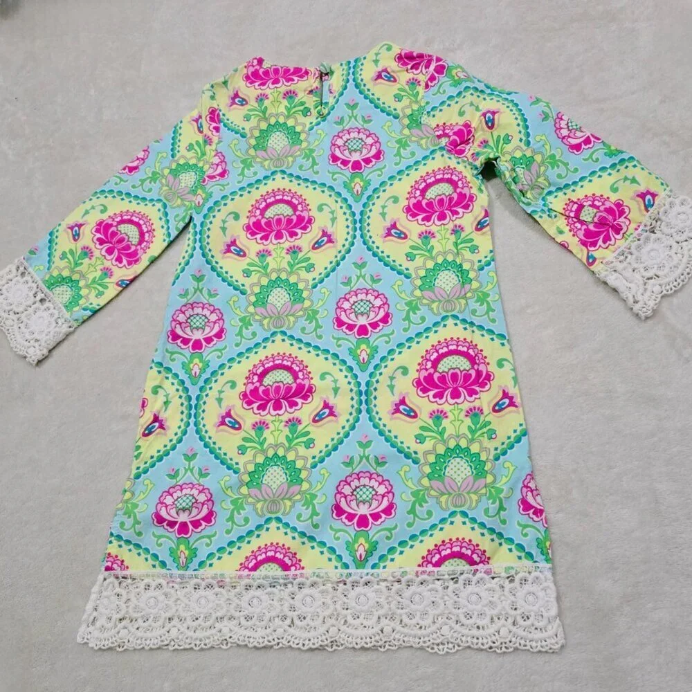 Peaches N Cream Girls Floral Dress Crochet Lace Trim Boho 3/4 Sleeve NWOT Size 8